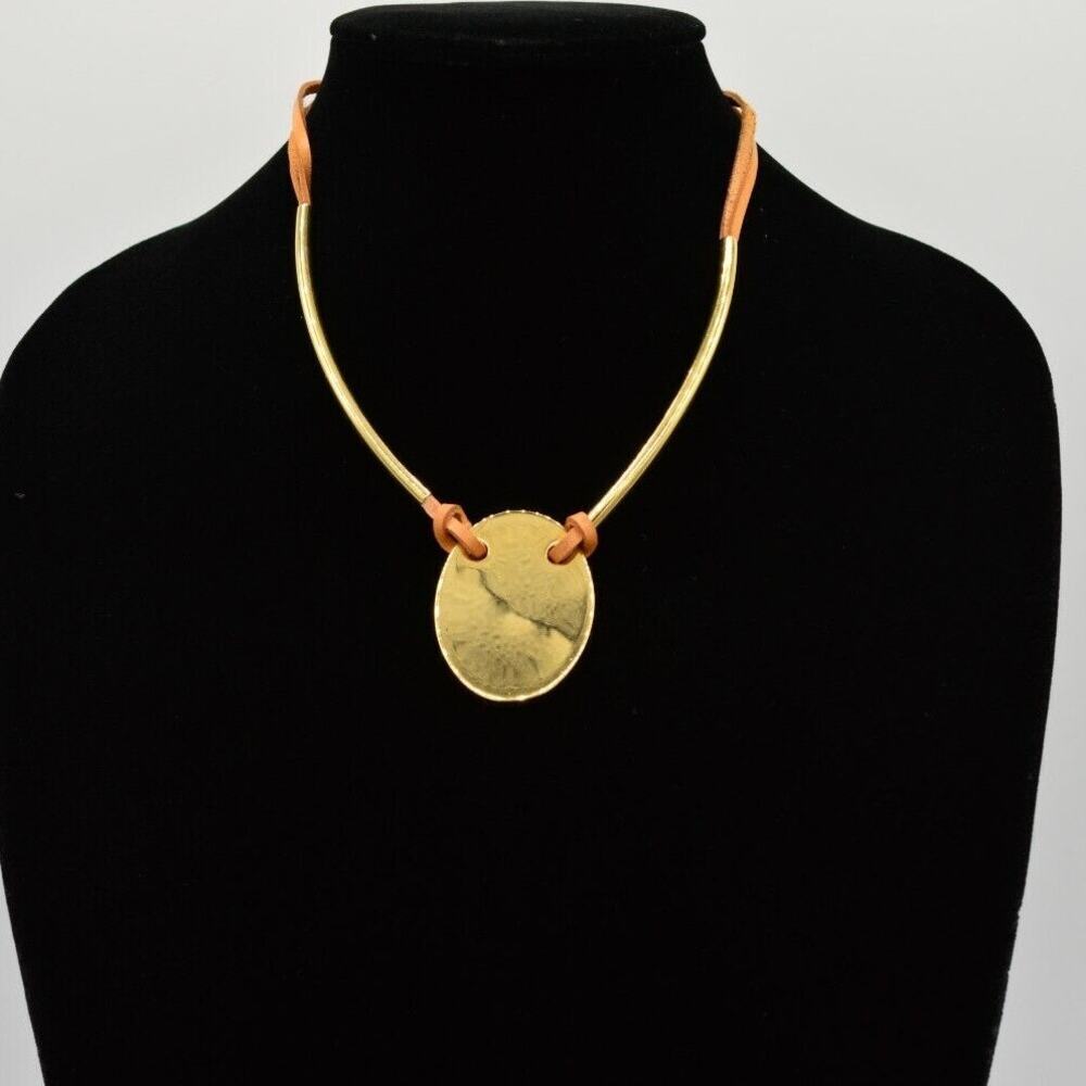 J.Crew Vintage Statement Pendant Necklace Collar Brown Leather Gold Tone Bin7